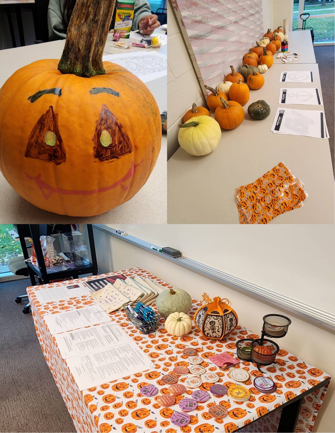 Photo collage of pumpkin pageant party, table of pumpkins, close up of info table and a painted smiling pumpkin